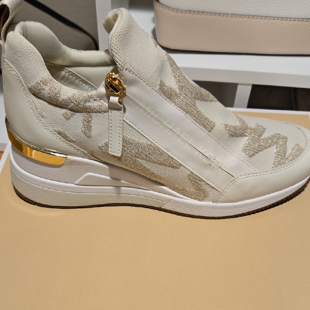 NEW Michael Kors Cream and Gold Wedge Slip-On Sneakers
